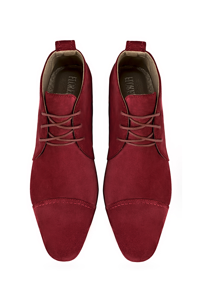 Burgundy red women's ankle boots with laces at the front. Round toe. Low flare heels. Top view - Florence KOOIJMAN